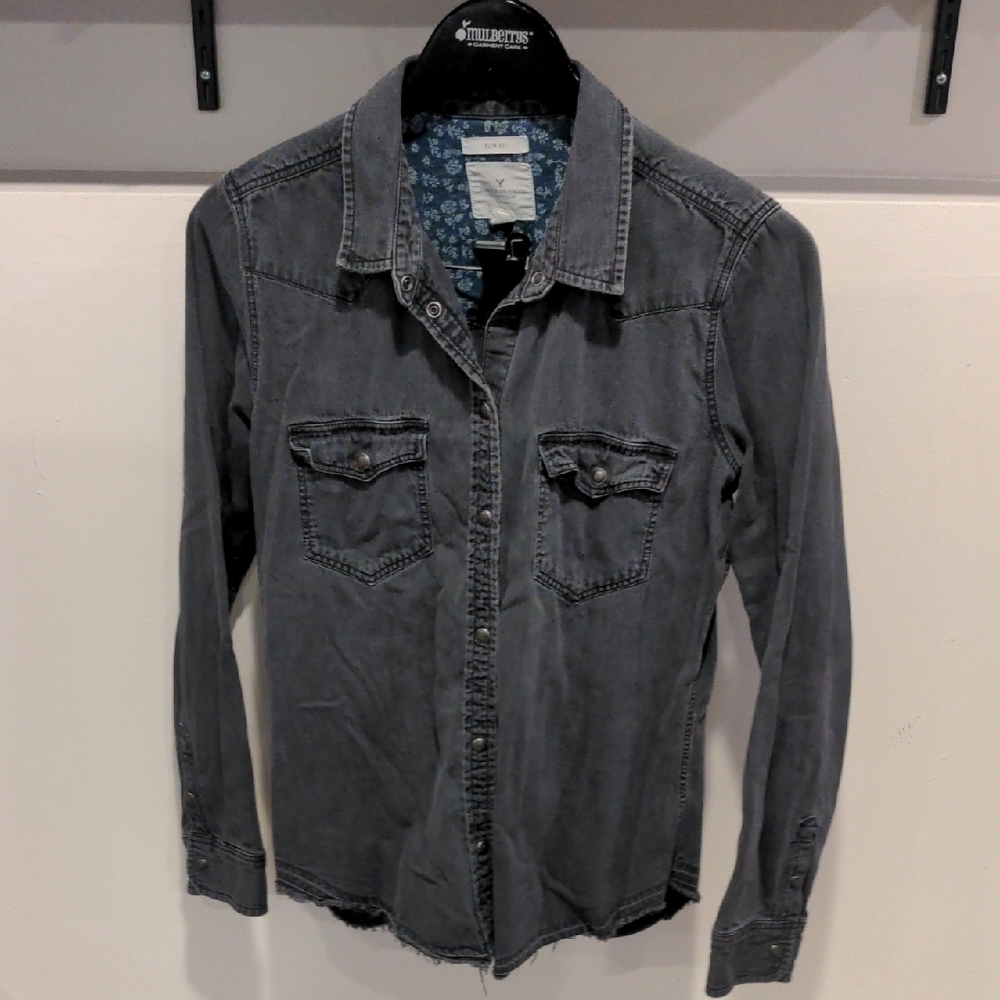 American Eagle Outfitters Distressed Black Denim Shirt